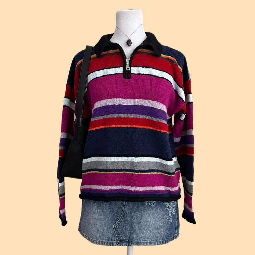 multicolored striped vintage 90s preppy cottagecore girly cropped knit sweater